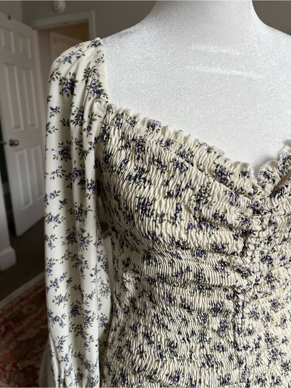 Smocked Floral Long-Sleeve Mini Dress - Cream/Purple - Picture 3 of 9